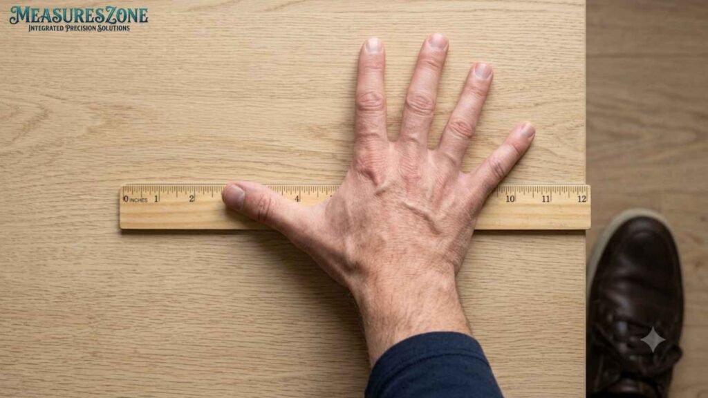 An adult hand is spread wide on a light wood grain surface next to a 12-inch wooden ruler. A brown leather shoe is partially visible in the lower-right corner.