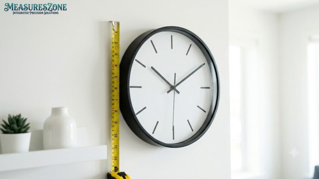 Modern black analog clock on a white wall being measured. A yellow tape measure shows a diameter of about 11.5 inches.