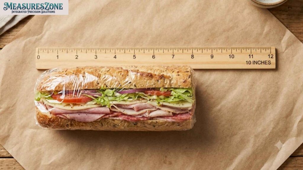 An overhead view of a wrapped submarine sandwich on brown kraft paper. A wooden ruler is placed above the sandwich, measuring it at roughly 8 inches.