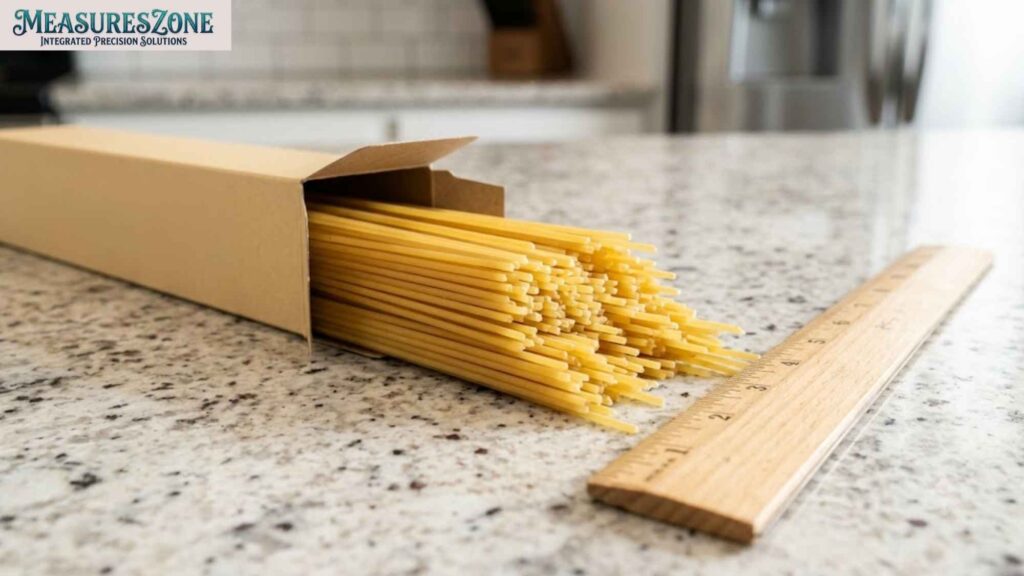 Open cardboard box of spaghetti on a granite counter. Wooden ruler lying next to the dry pasta strands.
