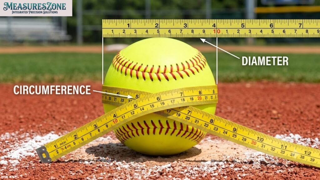 A yellow softball on a dirt field with a ruler measuring its diameter. A measuring tape is wrapped around the middle, showing its circumference.