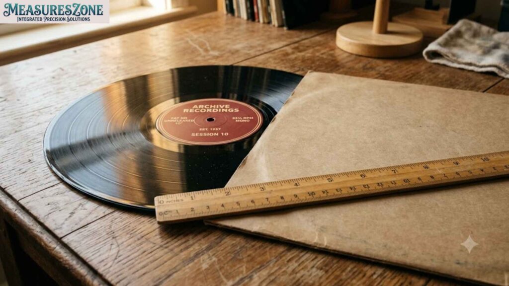 Vinyl record labeled 'Archive Recordings, Session 10' on a wooden desk. Beside it is a plain brown cardboard record sleeve.