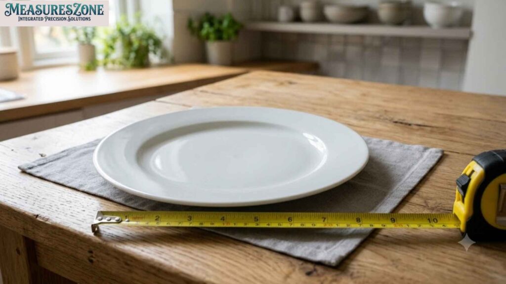A white dinner plate on a grey placemat on a wooden counter. A yellow tape measure measures the front edge, showing roughly 10 inches.
