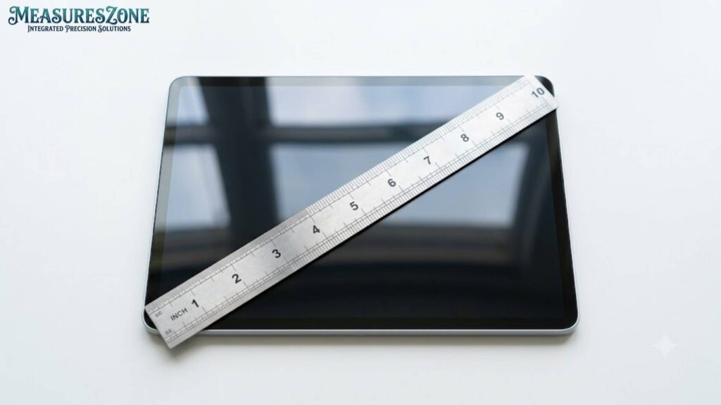 Metal ruler measuring a black tablet screen. The diagonal measurement indicates 10 inches.