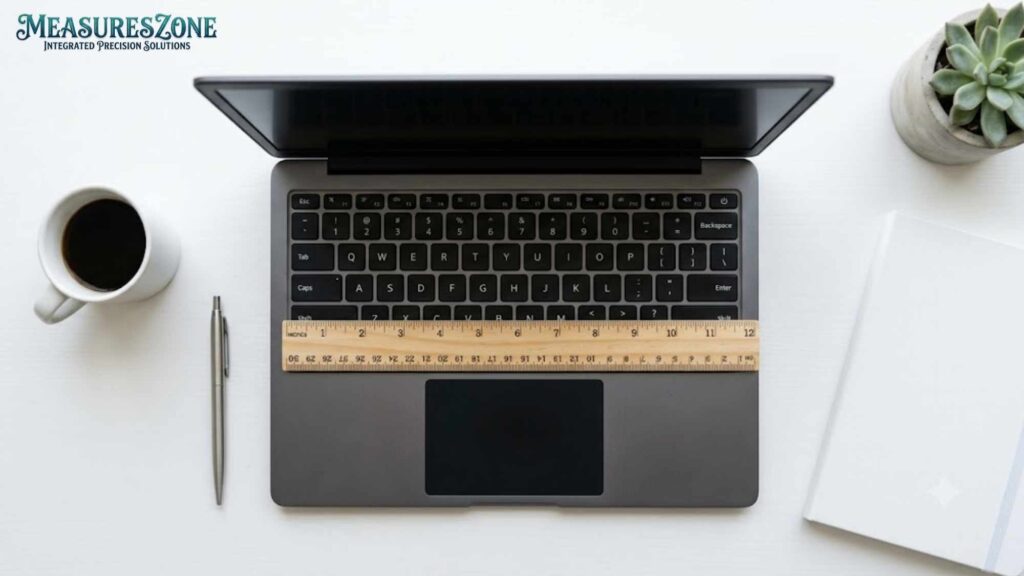 An open gray laptop on a white desk. A wooden ruler lies across the keyboard.