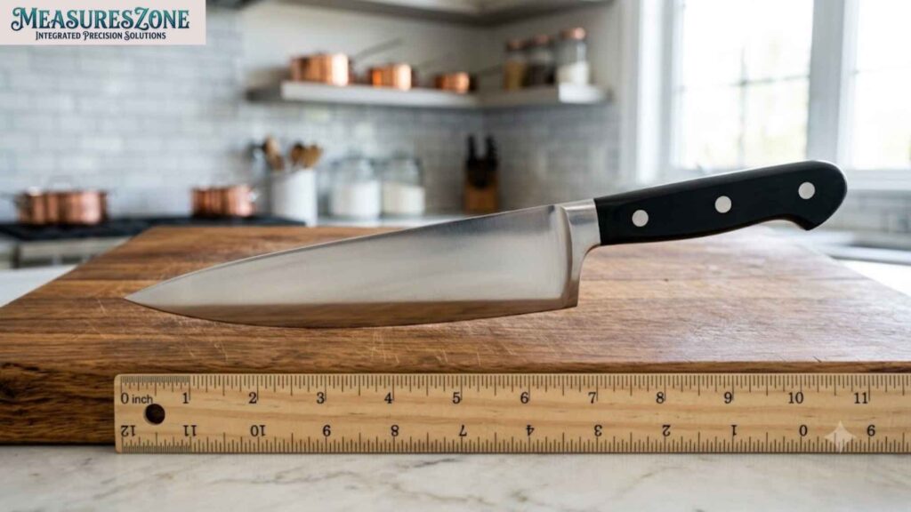 Chef's knife resting on a wooden cutting board above a measuring ruler. The knife blade length is shown to be 10 inches long.