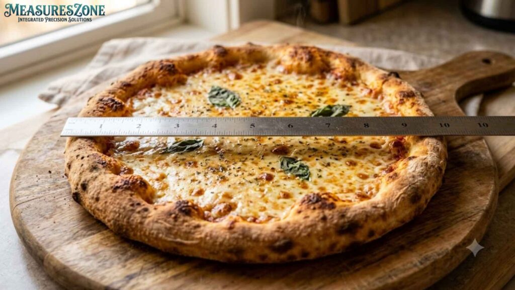 A metal ruler measures the diameter of a fresh cheese and basil pizza. The pizza rests on a wooden board, showing a size of 10 inches.