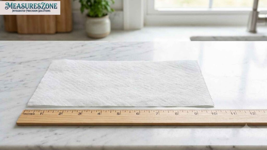 A white paper towel sheet measured by a wooden ruler on a marble counter. The sheet measures approximately 10.5 inches in width.