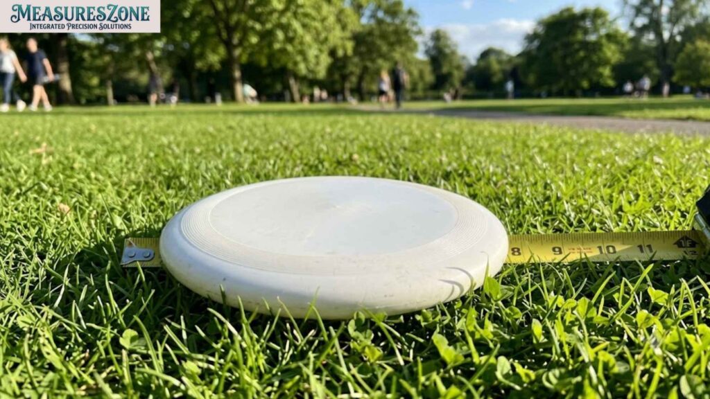 A white frisbee on green grass being measured by a yellow tape measure. The measurement indicates a diameter of approximately 10.5 inches.