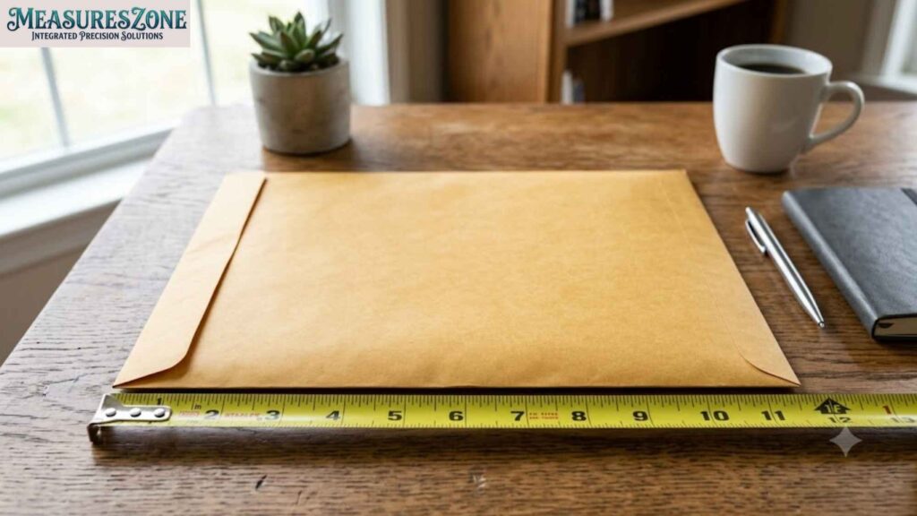 A manila envelope measured by a yellow tape measure on a wooden desk. Desk items include a coffee mug, succulent, and notebook with window light.