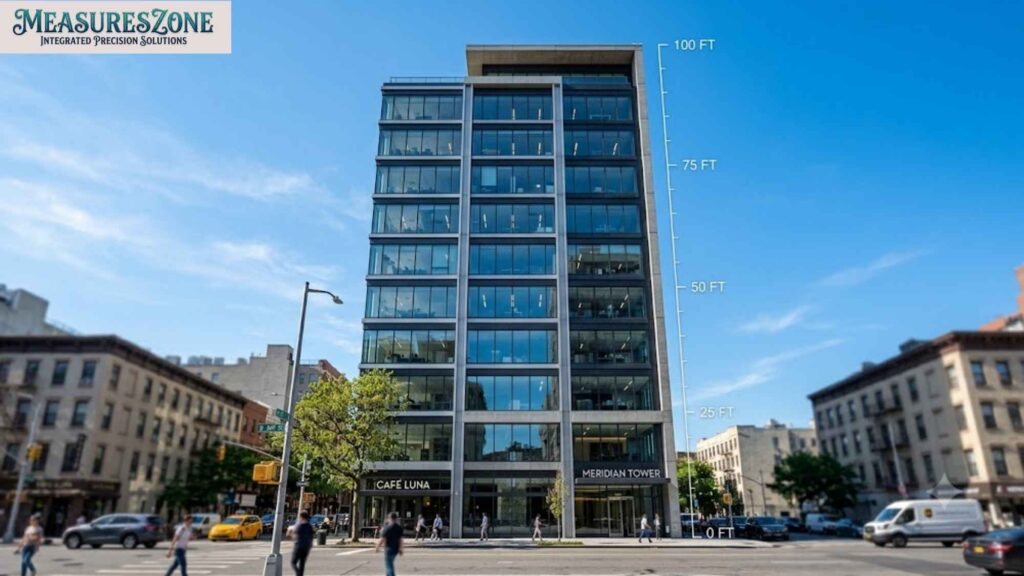 A photograph of the 10-story Meridian Tower glass office building in New York City. A blue measurement scale on the side shows its height is exactly 100 feet.