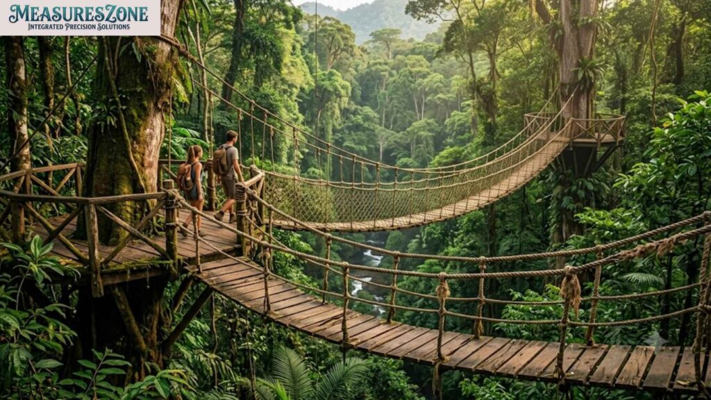 Two hikers walk across a rope suspension bridge. They are in a dense tropical rainforest canopy.