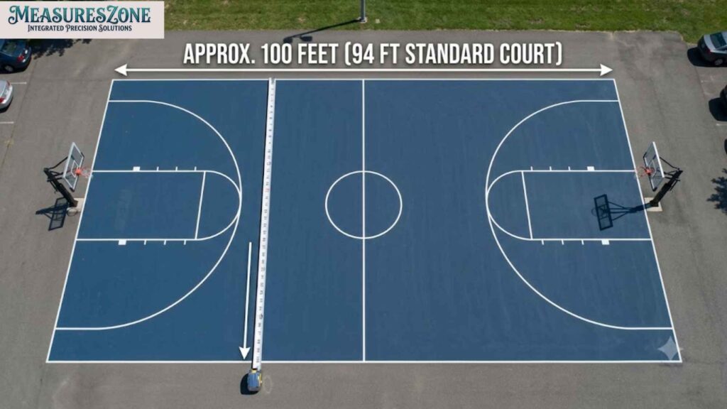 Aerial view of a blue basketball court with a tape measure across it.