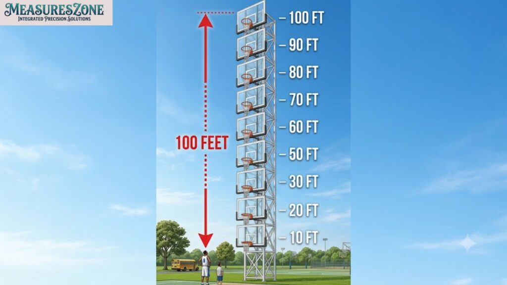 An infographic shows a metal tower stacking ten basketball hoops. Red labels and figures at the base indicate a total height of 100 feet.