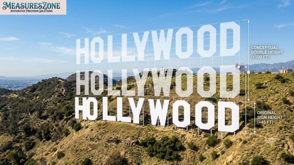 Diagram of the Hollywood sign showing actual height vs. conceptual double height. Original sign height is ≈45 FT; conceptual double height is ≈100 FT.