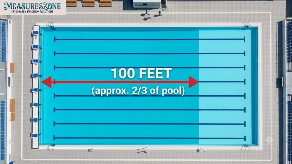 Aerial view of a competition swimming pool. Red arrow measures "100 FEET" as "approx. 2/3 of pool".