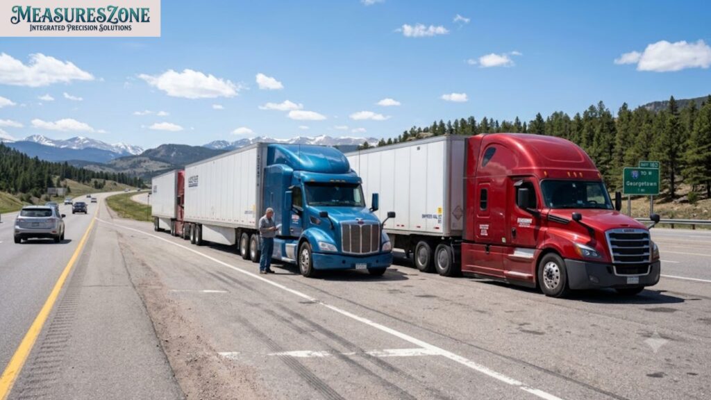 Man checking documents beside a blue semi-truck on a highway. Red truck, trees, and mountains in the background.