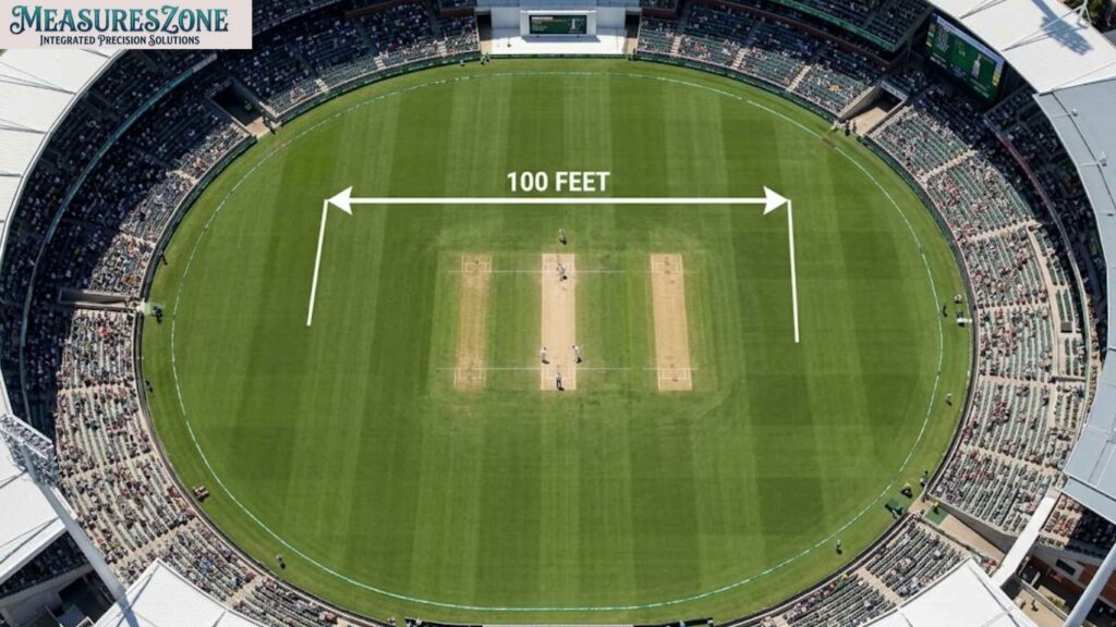 Aerial view of a packed cricket stadium during a match. A graphic overlay measures a distance labelled "100 FEET".