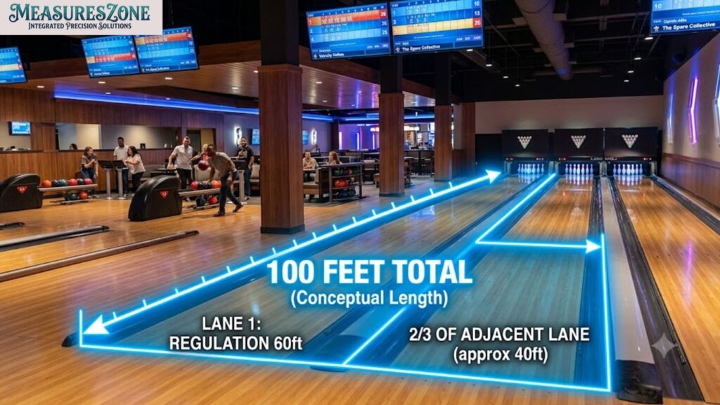 Blue 100-foot measurement line stretching across multiple bowling lanes in a modern bowling alley.