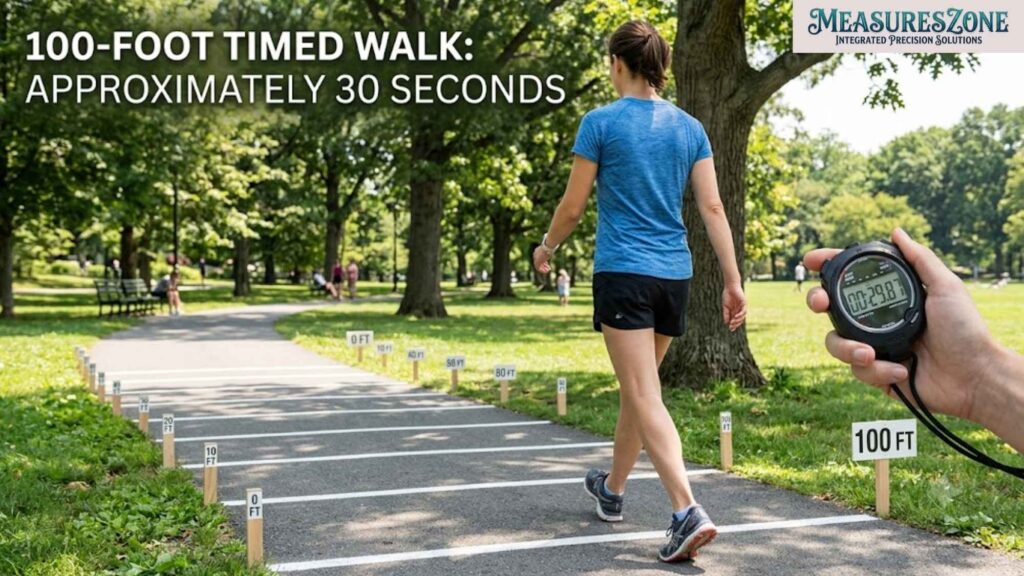 Woman walking a 100-foot path in a park while a stopwatch shows about 30 seconds.