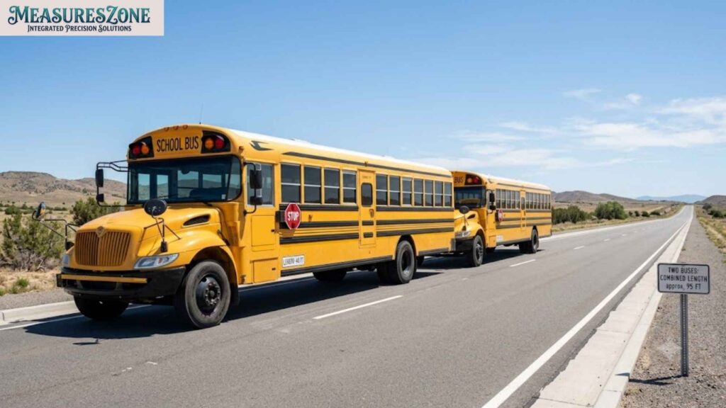 Two yellow school buses parked in tandem on a desert highway. A roadside sign indicates their combined length is approximately 95 feet.
