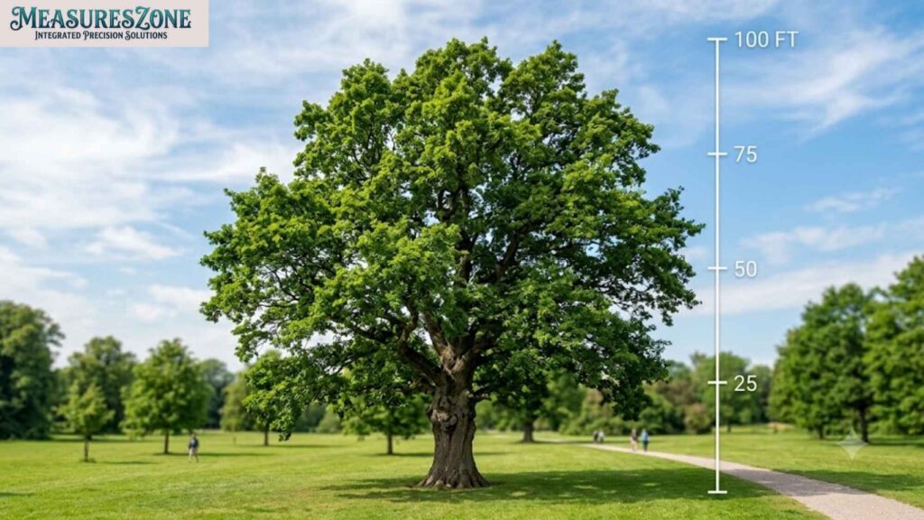 A large leafy tree stands in a green park setting. A measurement scale indicates the tree is 100 feet tall.