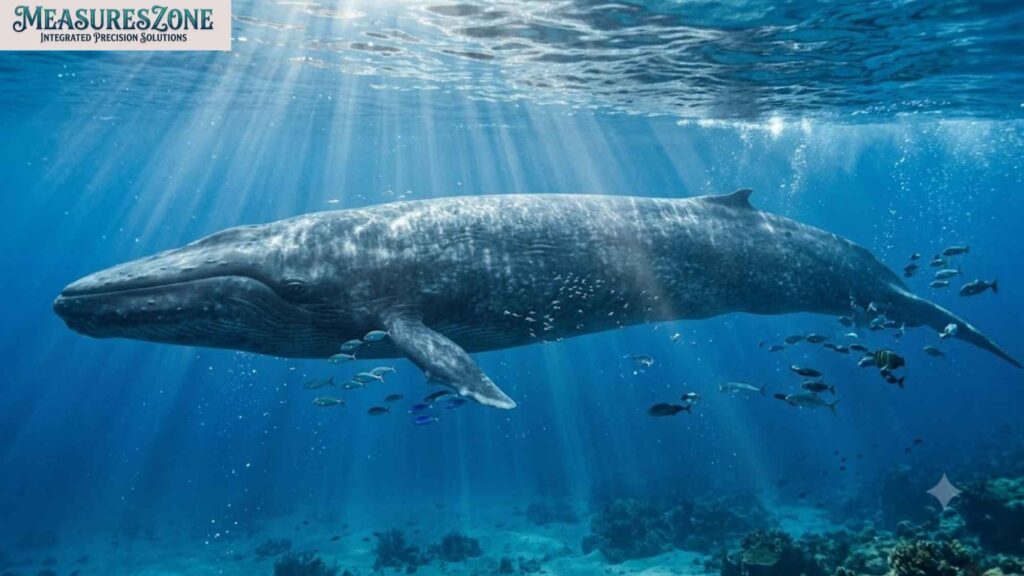 A massive whale swimming underwater with sun rays piercing the surface. Schools of small fish surround it near a coral reef on the seabed.