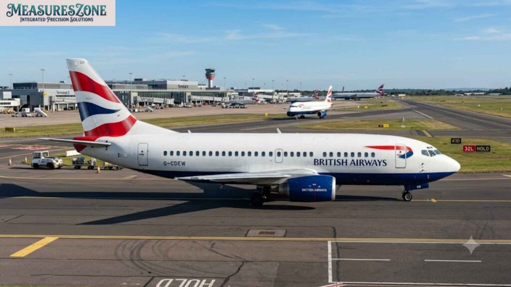 A British Airways airplane (G-CDEW) taxiing on a tarmac. Airport terminal, control tower, and other planes in background.