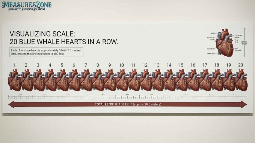 An infographic titled "Visualizing Scale: 20 Blue Whale Hearts in a Row." A measurement bar below confirms the total length is 100 feet.
