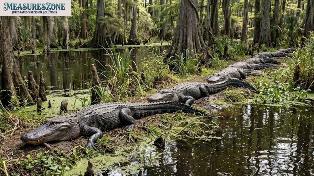 A line of alligators resting on a bank next to swamp water. Surrounded by cypress trees with hanging Spanish moss.