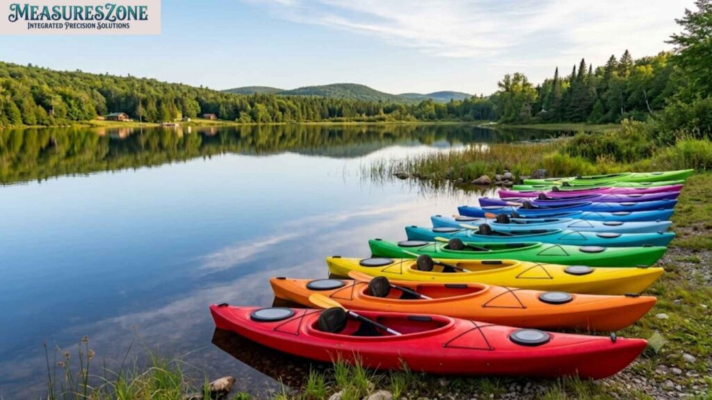 Row of colorful kayaks on a grassy shore. Calm lake reflecting forested hills and cabins.