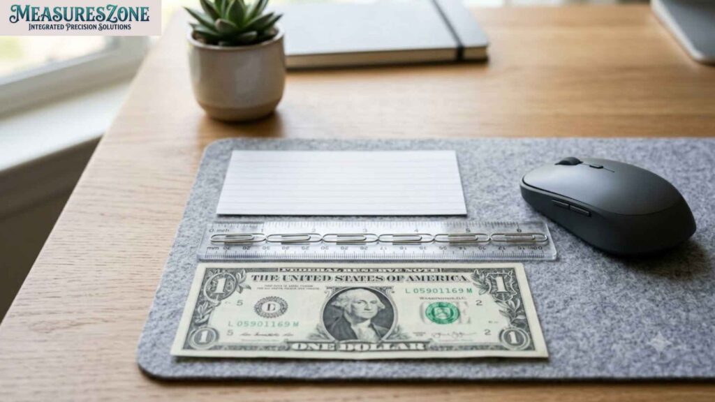Index card, ruler, dollar bill, and computer mouse.