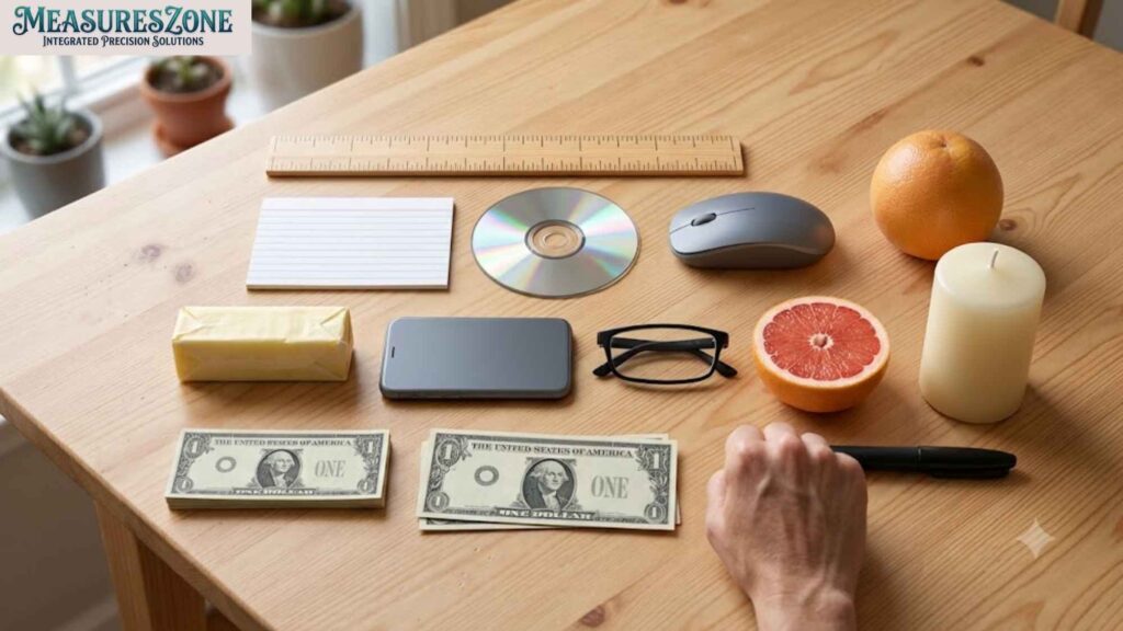 Ruler, CD, mouse, fruit, candle, phone, butter, and dollar bills.