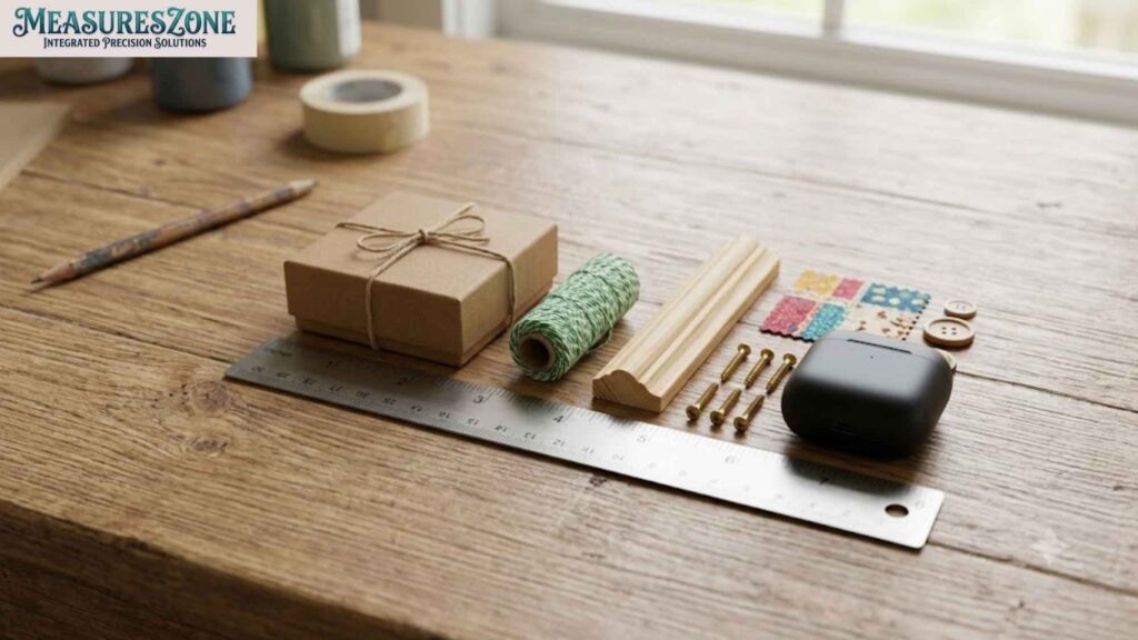 Gift box, twine, molding, screws, fabric, and earbud case beside a ruler.