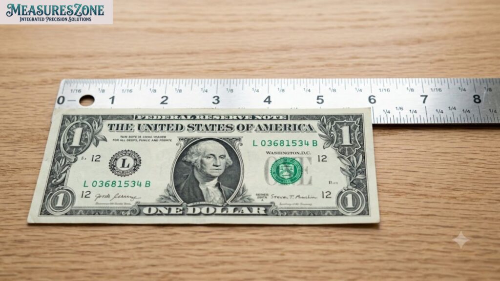 A US dollar bill and a metal ruler on a wooden surface. The ruler measures the bill's length at approximately 6.14 inches.