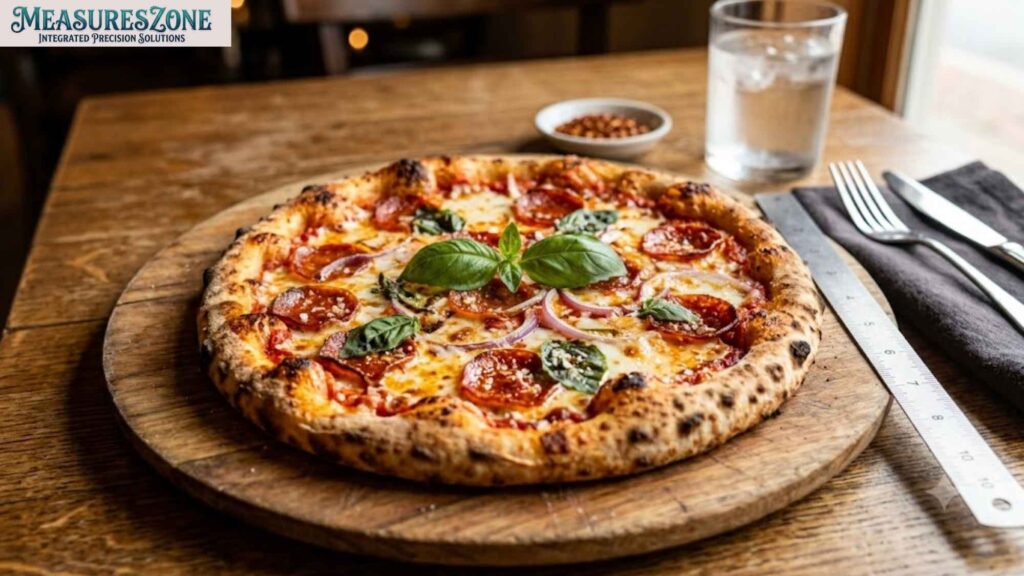 Pepperoni pizza on a wooden peel. Water, cutlery, and a ruler are nearby on the table.