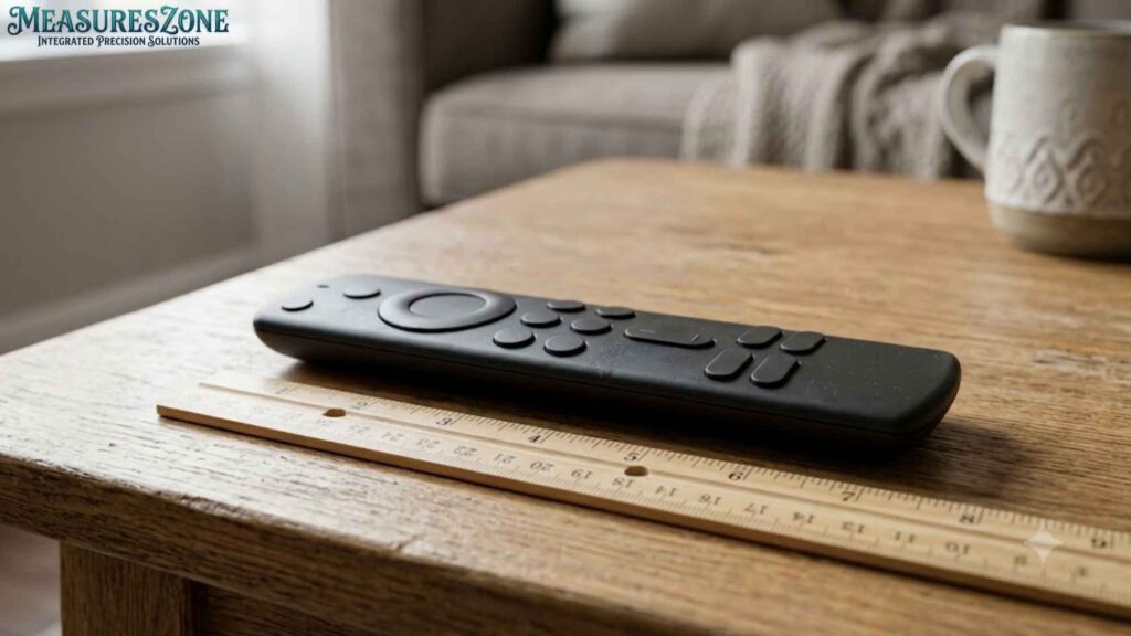 A black remote control next to a wooden ruler on a table. A blurred living room with a couch is in the background.