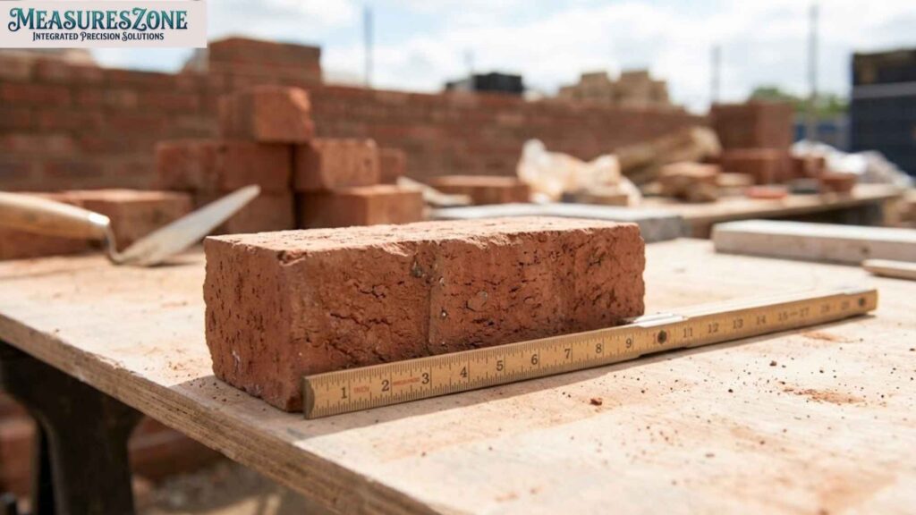A red building brick next to a wooden measuring ruler. A trowel and blurred construction site in the background.