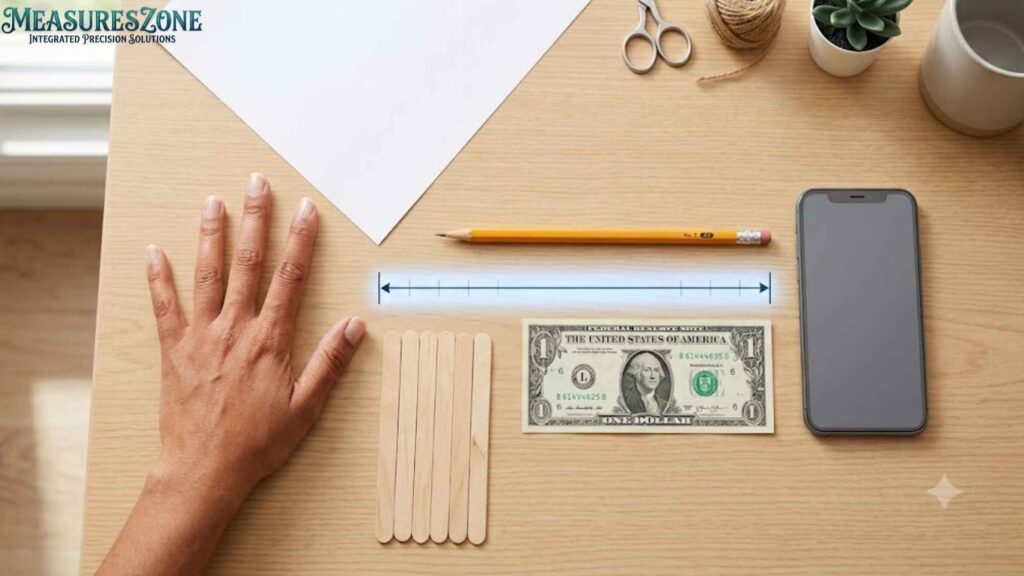 Objects surround a measurement scale. Items serve as scale comparisons.