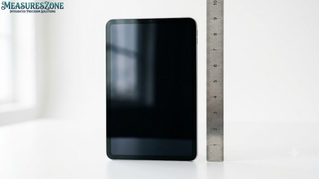 A black tablet measured against a vertical metal ruler. The measurement on the ruler reads exactly 20 cm.