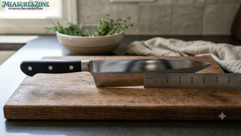 Chef's knife on a wooden board being measured. A metal ruler shows the blade is exactly 8 inches long.