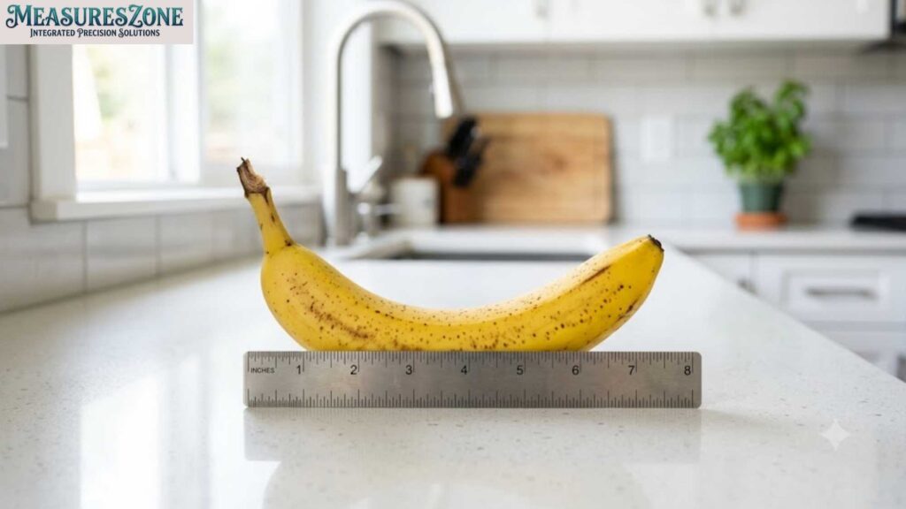 A whole yellow banana resting behind an 8-inch metal ruler on a white kitchen counter. The banana is roughly 7 inches long.