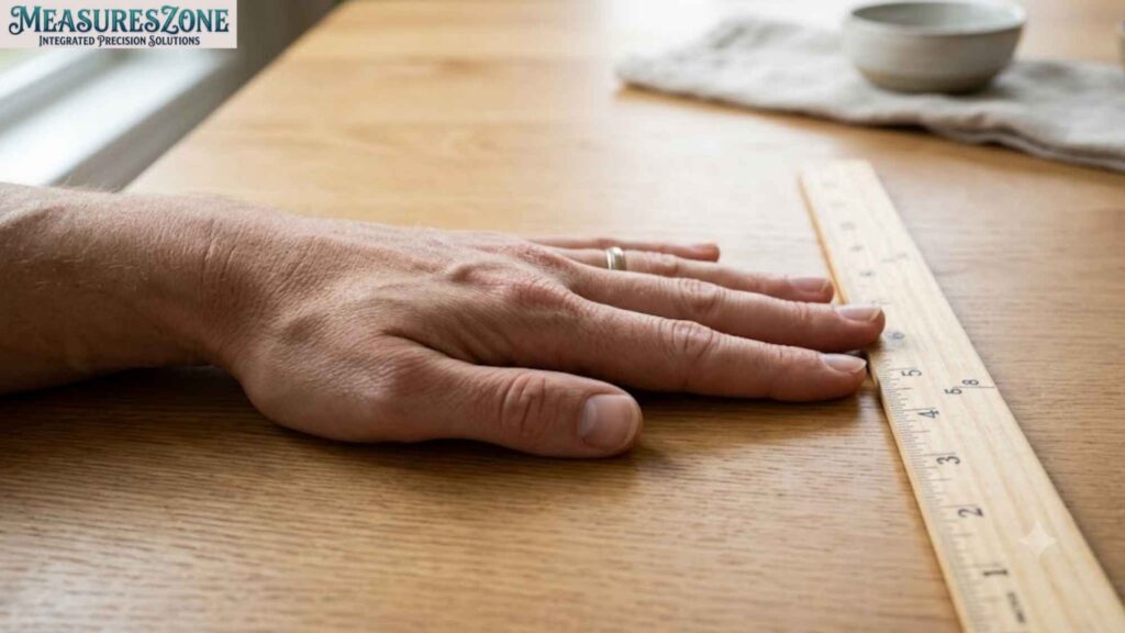 A man's hand with a wedding ring rests on a wooden table. A wooden ruler lies next to it showing inch markings.