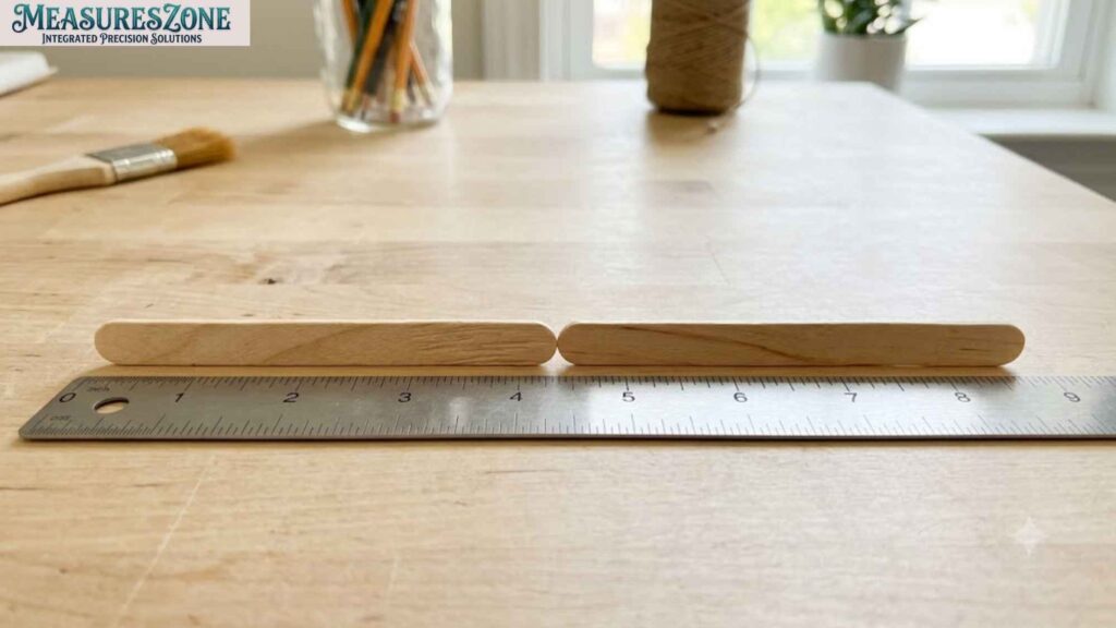 Two popsicle sticks aligned end-to-end on a metal ruler. The combined length of the sticks measures 9 inches.
