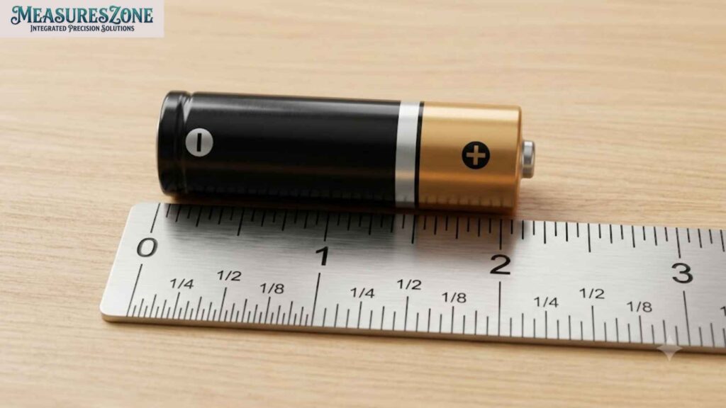 Battery next to a ruler. Cylindrical battery and rule.