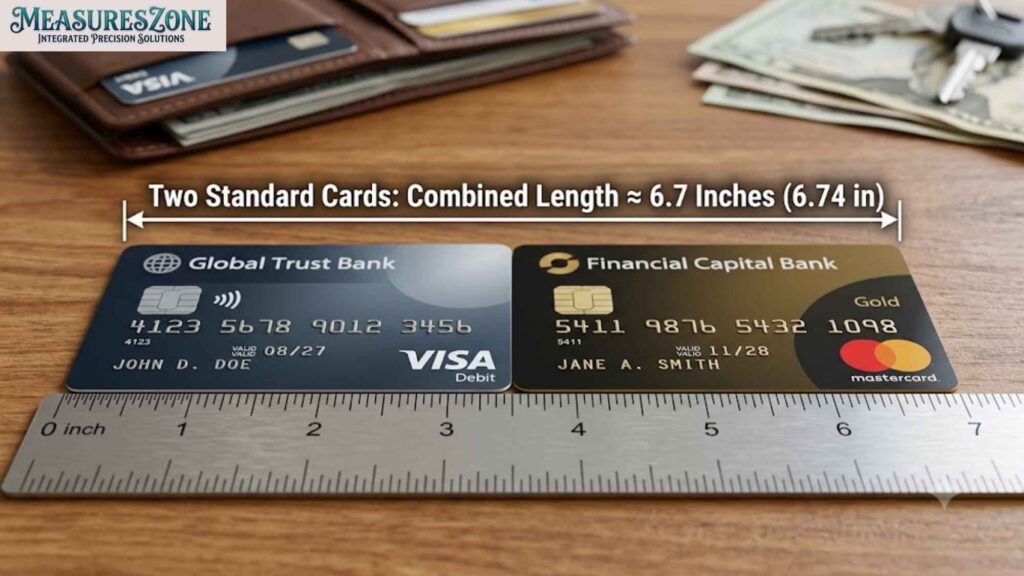A metal ruler measures two credit cards placed end-to-end.