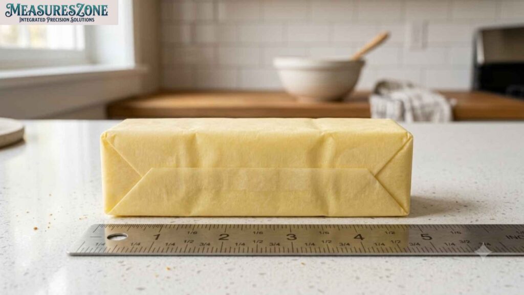 A stick of wrapped butter measuring 4 and 3/4 inches against a metal ruler.