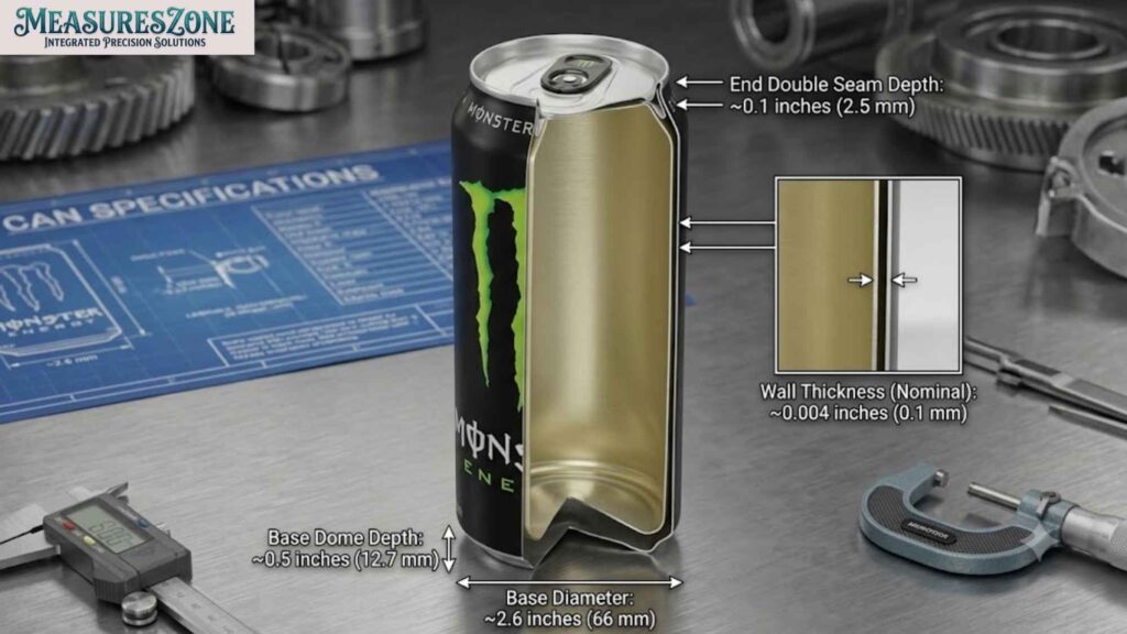 Cutaway technical diagram of a Monster Energy can on a workshop table. Labels detail wall thickness, base diameter, dome depth, and seam depth.
