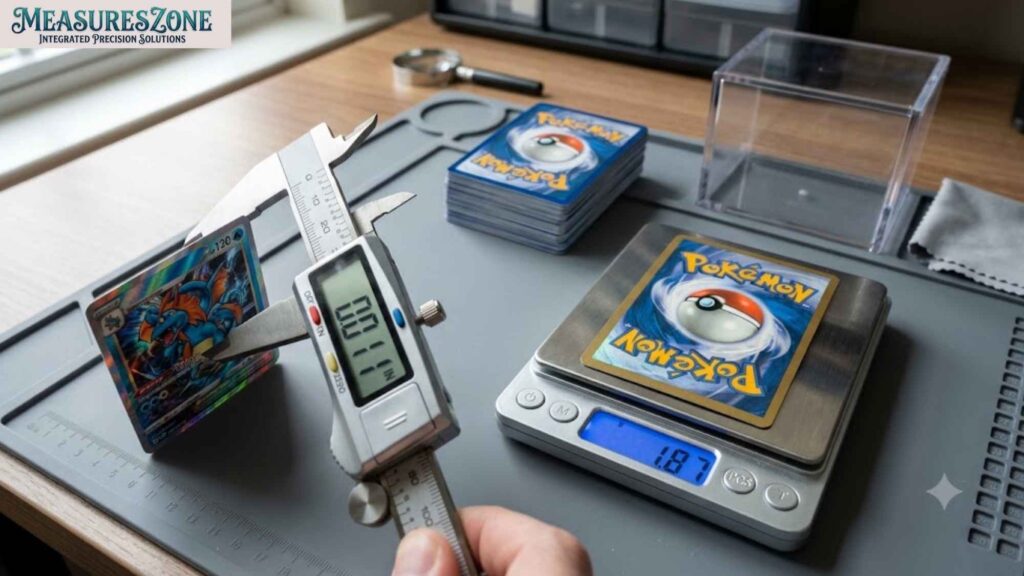 A hand uses a digital calliper to measure the thickness of a Pokémon card.