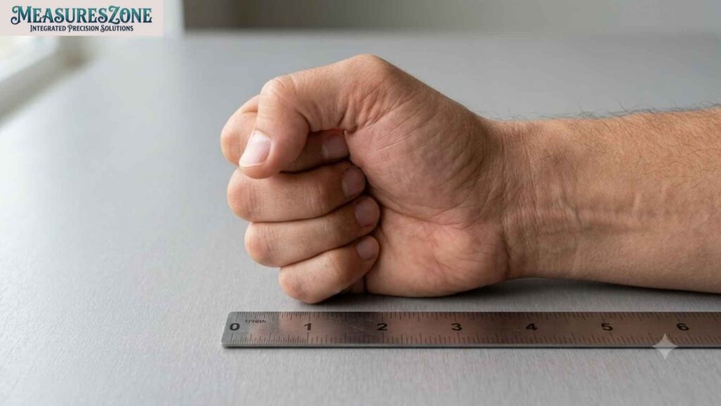 Clenched fist beside a metal ruler.